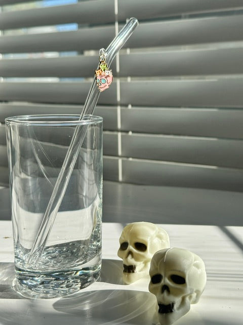 Skull Head with Cats Charm Glass Straw