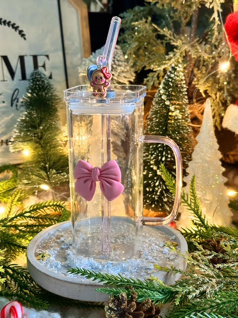 Pink Bow Square Glass Cup