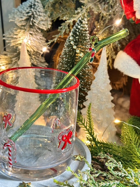 Hand Picked Cranberry Candy Cane Glass Straw